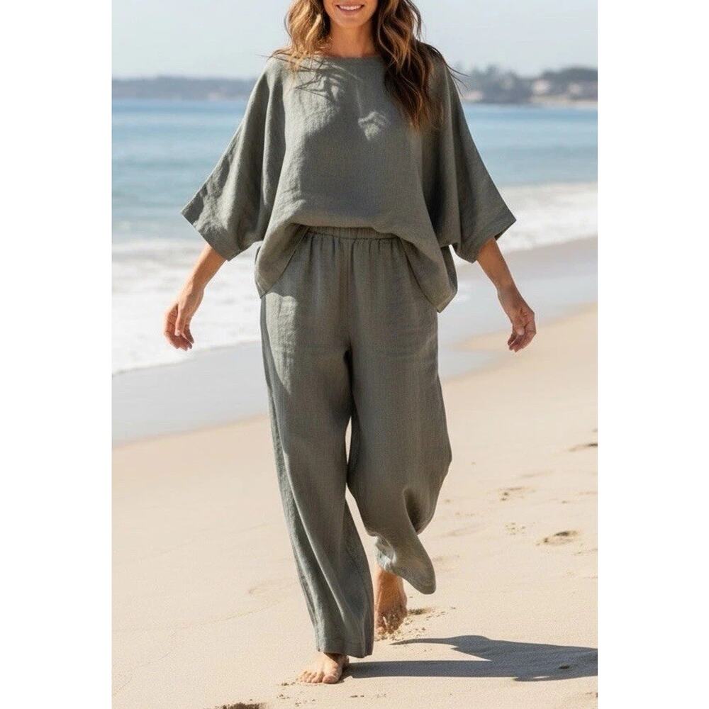 PLANET by Lauren G 2 Piece Linen Set Outfit Top + Pants Laganlook Grey Sz 1